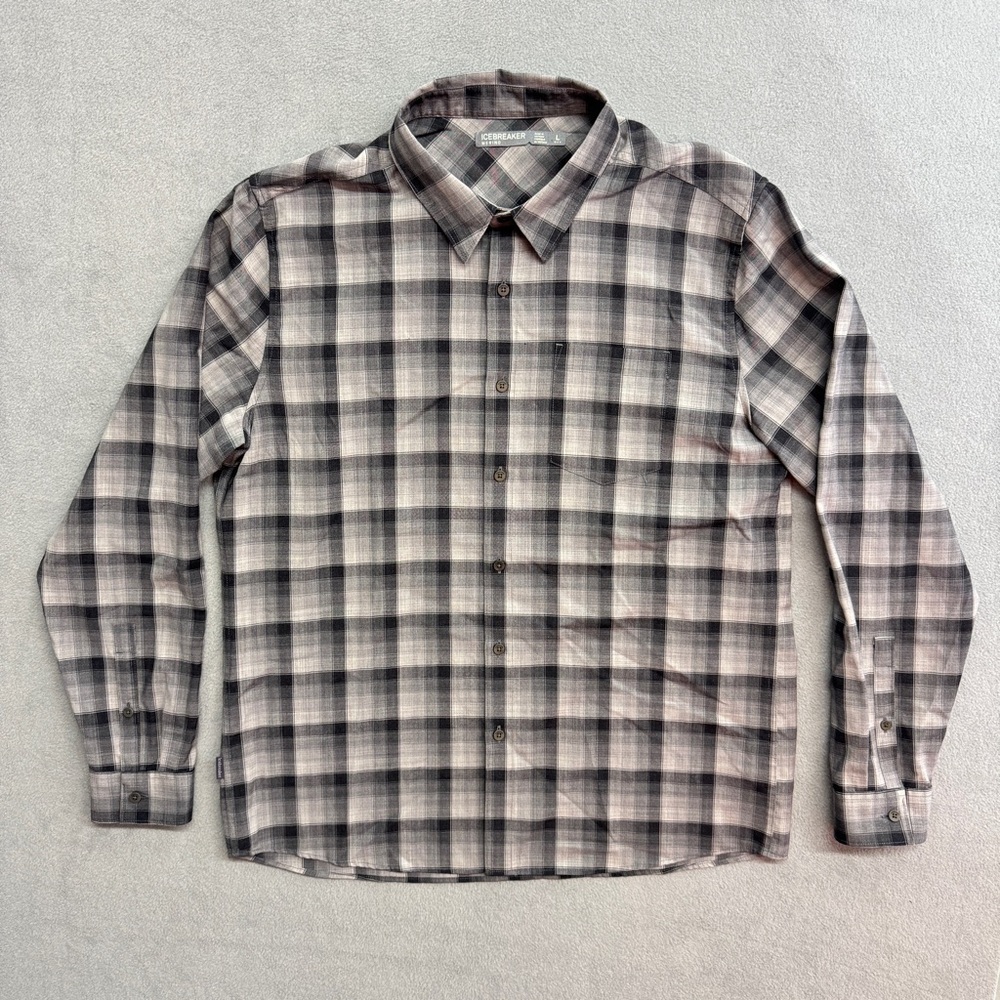 Icebreaker Shirt Large Mens Button Up Long Sleeve Merino Wool Plaid Gray Outdoor